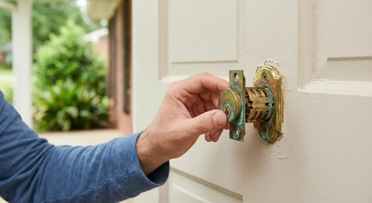 Hand turning an ornate brass doorknob on a white door